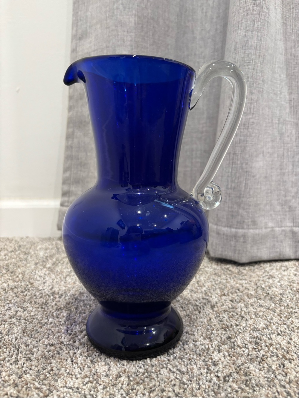 Vintage Wanda Hand-Blown Cobalt Blue Glass Pitcher w/Clear Handle Poland